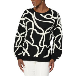 WynneCollection Women's Plush Jacquard Patterned Sweater Black/Cream - Regular